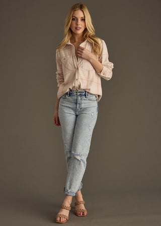 Pale Pink & Tan Plaid Button Up