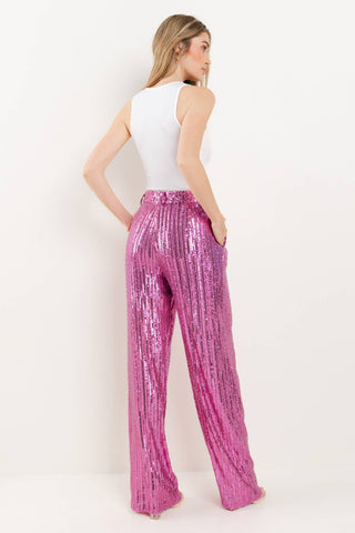 SEQUINS WIDE LEG PANTS - PINK 2406: LRG / Pink