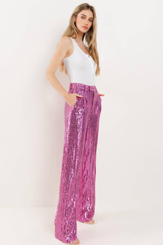 SEQUINS WIDE LEG PANTS - PINK 2406: LRG / Pink