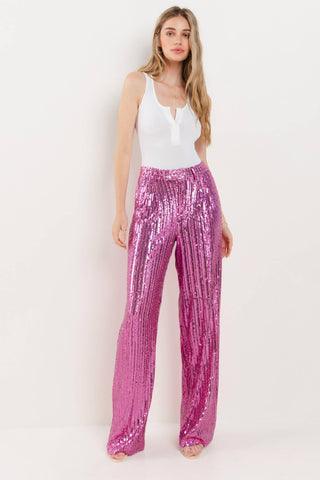 SEQUINS WIDE LEG PANTS - PINK 2406: LRG / Pink