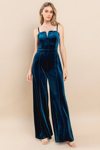Teal V-Trim Velvet Jumpsuit