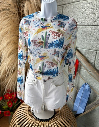 Ivory Cowgirl Collage Mesh Top