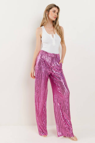 SEQUINS WIDE LEG PANTS - PINK 2406: LRG / Pink