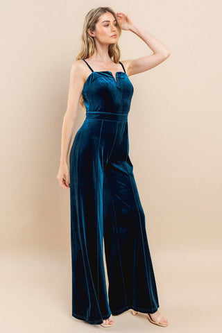 Teal V-Trim Velvet Jumpsuit