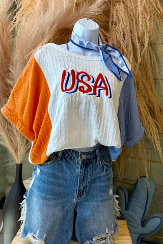 USA Emb. Cable Textured Knit Tee
