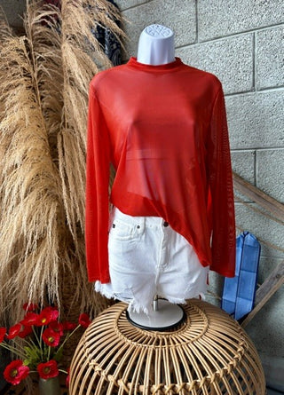 Red Mock Neck Mesh Top