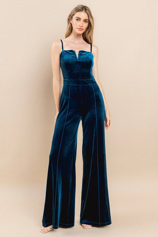 Teal V-Trim Velvet Jumpsuit