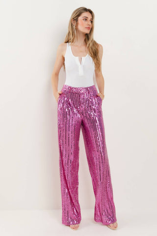 SEQUINS WIDE LEG PANTS - PINK 2406: LRG / Pink