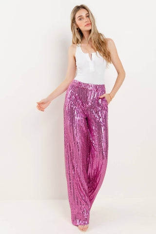 SEQUINS WIDE LEG PANTS - PINK 2406: LRG / Pink