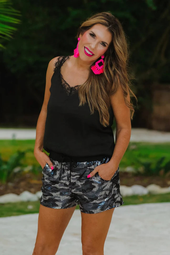 Grey Camo Sequin Shorts