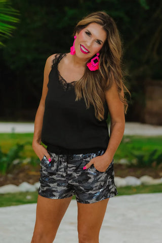 Grey Camo Sequin Shorts