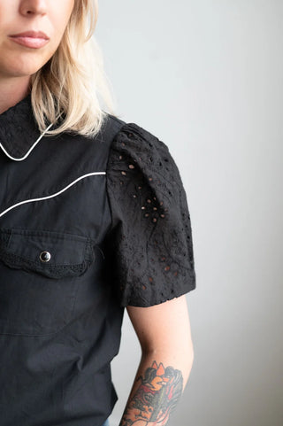 Pearl Snap Eyelet Blouse- Black