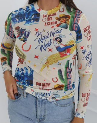 Ivory Cowgirl Collage Mesh Top