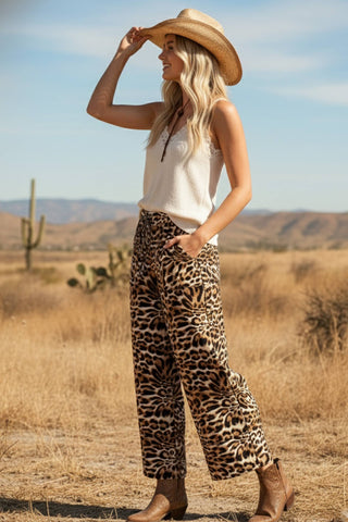Leopard Print Wide Leg Flowy Woven Pants
