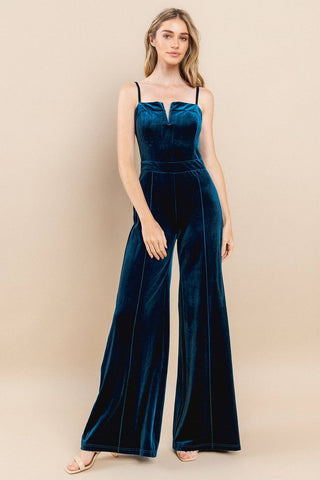 STRUCTURED V-TRIM VELVET JUMPSUIT 4360 TEAL: LARGE / TEAL