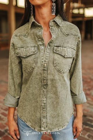 Olive Denim Pearl Snap