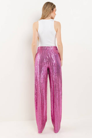 SEQUINS WIDE LEG PANTS - PINK 2406: LRG / Pink