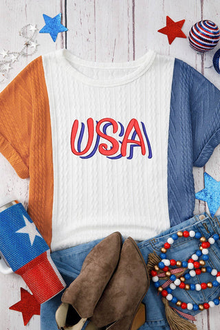 USA Emb. Cable Textured Knit Tee