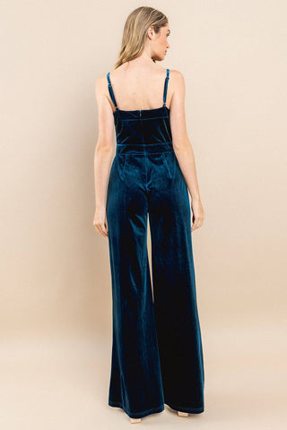 STRUCTURED V-TRIM VELVET JUMPSUIT 4360 TEAL: LARGE / TEAL