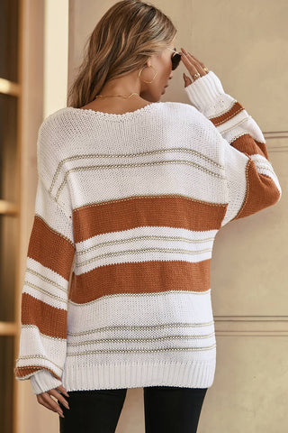 White Striped Knit Puff Sleeve Sweater