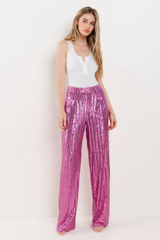 SEQUINS WIDE LEG PANTS - PINK 2406: LRG / Pink