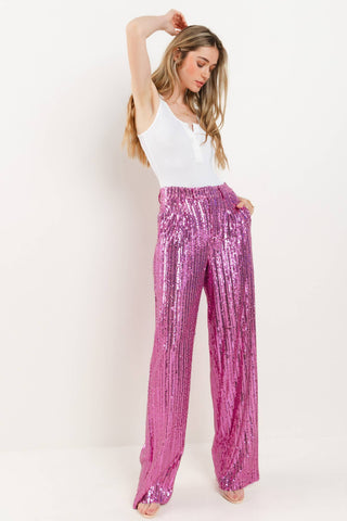SEQUINS WIDE LEG PANTS - PINK 2406: LRG / Pink