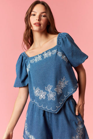 Floral Line Denim Top