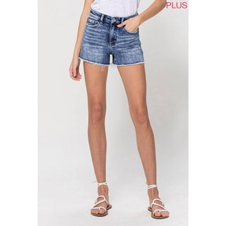 CURVY HIGH RISE STRETCH SHORTS W HEM PATCH