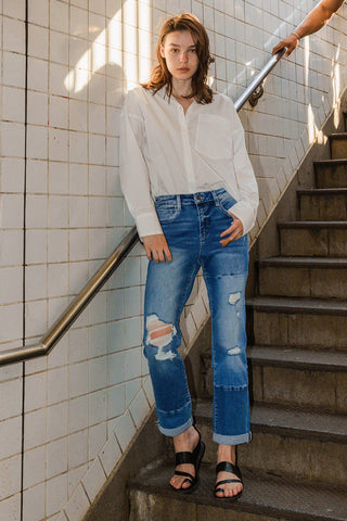 Stretch Boyfriend Colorblock Jeans
