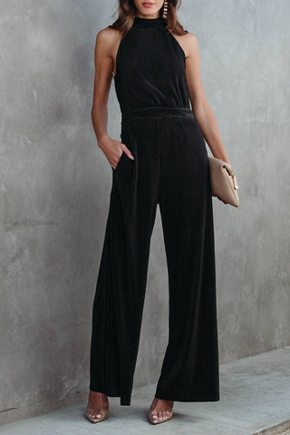 Black Button Halter Neck Keyhole Back Jumpsuit