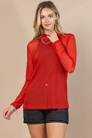 Red Mock Neck Mesh Top