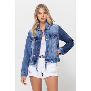 DISTRESSED CLASSIC FIT CROP JACKET W CONTRAST FABRIC _V2745J