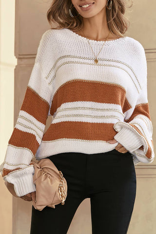 White Striped Knit Puff Sleeve Sweater